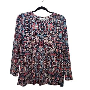 J. Jill Henley Style Popover Babydoll Hem Top Size S Petite Abstract Geo Floral